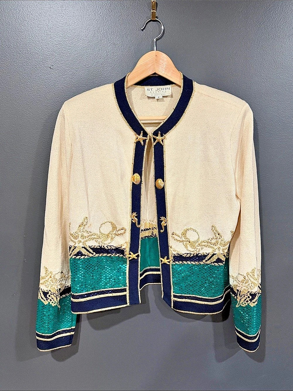 St. John Embellished Color Block Cardigan in Cream & Green Like New